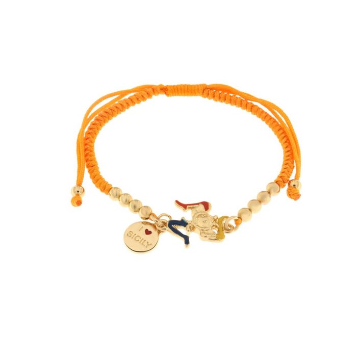 Bracciale in Metallo con cordino arancio di cotone e sfere con trinacria