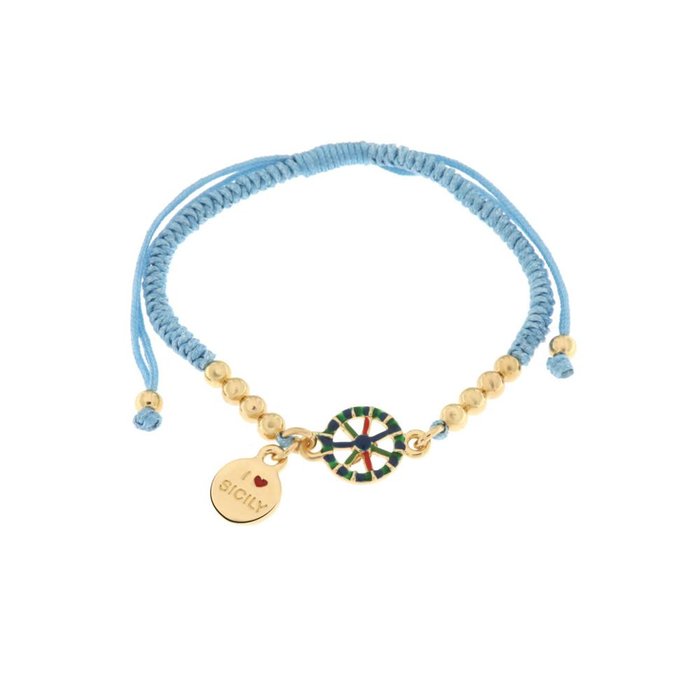 Bracciale in Metallo con cordino azzurro e sfere con ruota del carretto siciliano