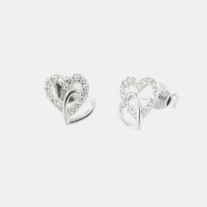 Boucles d'oreilles double cœur entrelacé en argent 925, lisses et serties de zircons blancs