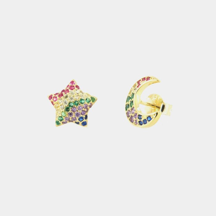 Orecchini in Argento 925 stella e luna a lobo, impreziosite da zirconi multicolore