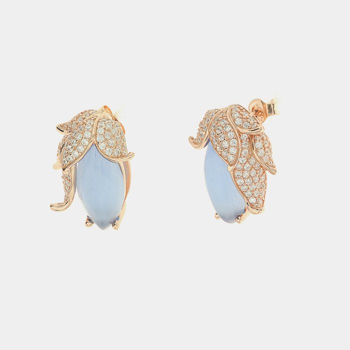 Boucles d'oreilles en argent 925 en forme de fleur ornées d'une pierre œil de chat