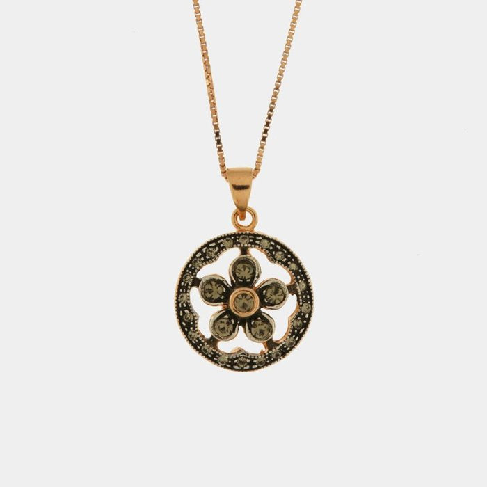 Collier en argent 925 en forme de fleur de style antique avec cristaux fumés
