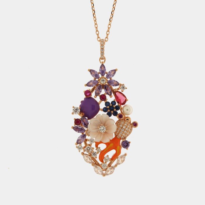 925 Silver Necklace Oval Pendant with White Zirconia, Mother of Pearl Flowers and River Pearls