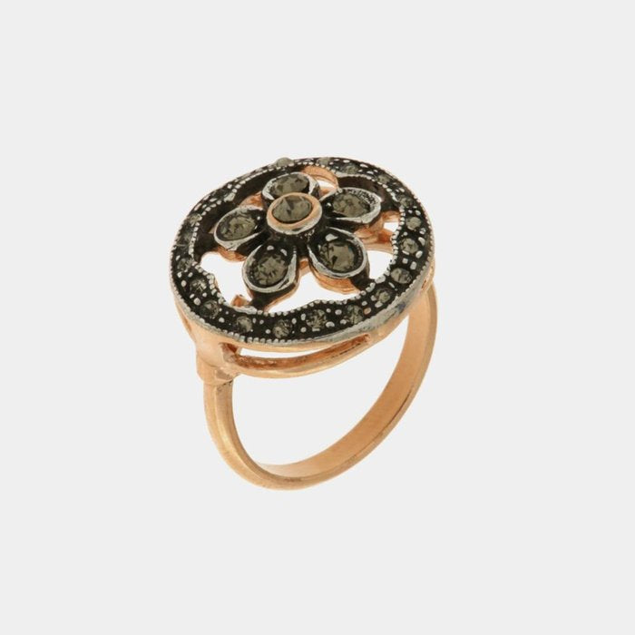 Anello in Argento 925 stile antico con fiore e cristalli fume'