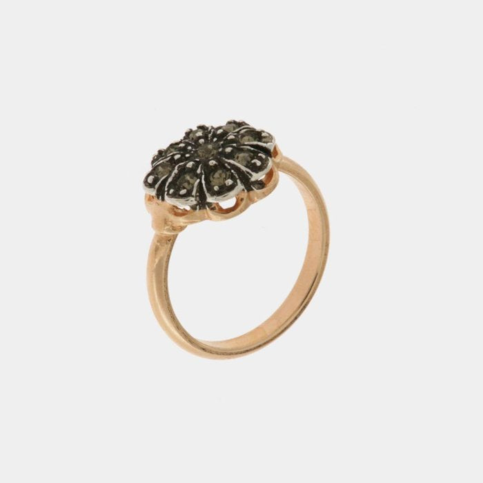 Anello in Argento 925 a forma di fiore stile antico con cristalli  fume' e bianchi