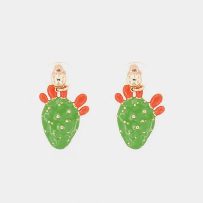 Boucles d'oreilles en métal avec cactus suspendu, ornées d'émail vert et d'embouts en émail rouge