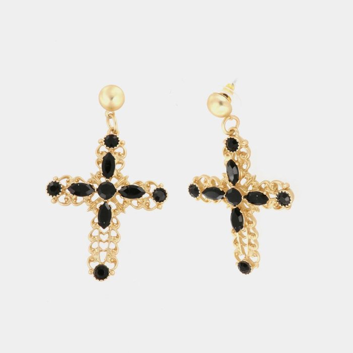 Metal pendant earrings with cross symbol embellished with black enamel