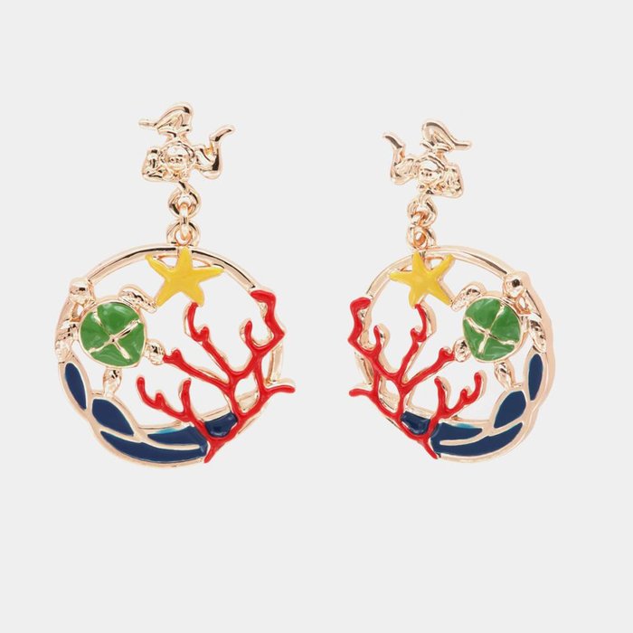Boucles d'oreilles en métal avec pendentifs en corail et tortue, lobe trinacria