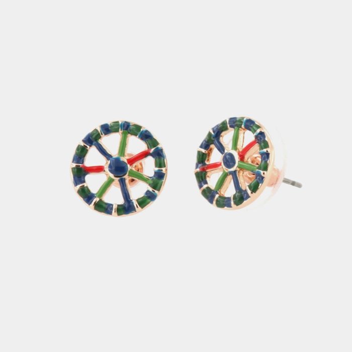 Metal stud earrings, with Sicilian cart wheels, embellished with colored enamel