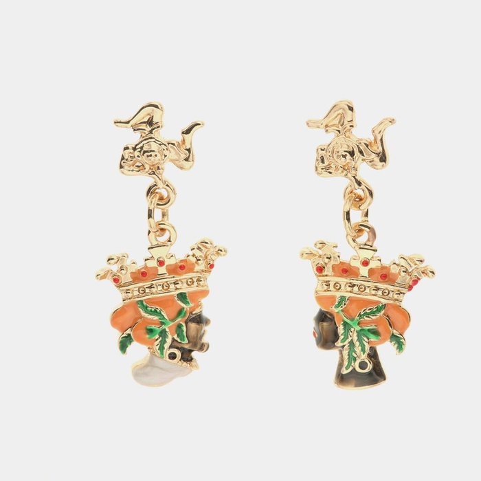 Metal earrings with Trinacria symbol and Moor's heads embellished with colored enamels