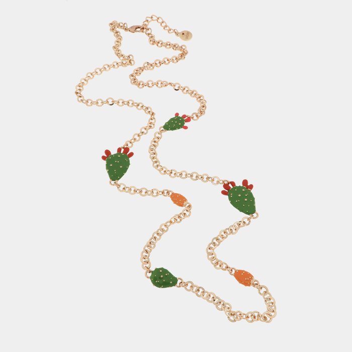 Collier en maille rolo métallique, avec figues de Barbarie siciliennes, agrémenté d'émaux colorés