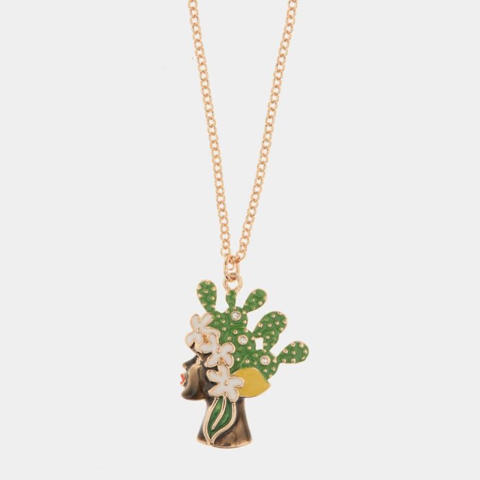 Collier en métal avec pendentif en forme de tête de femme sombre avec émaux colorés et cristaux