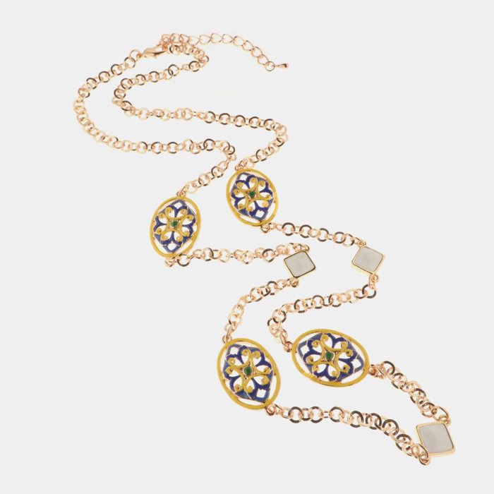 Metal necklace with white crystals and flower majolica details with colored enamels