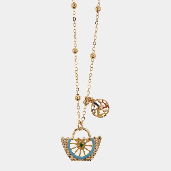 Collier en métal avec nid de pie et symbole Trinacria orné d'émaux colorés
