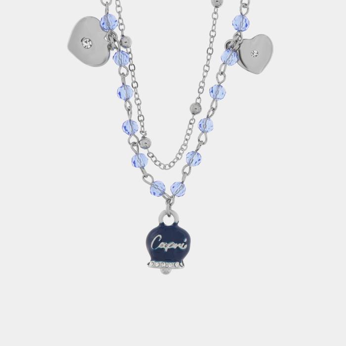 Metal necklace with blue enamel bell and beads