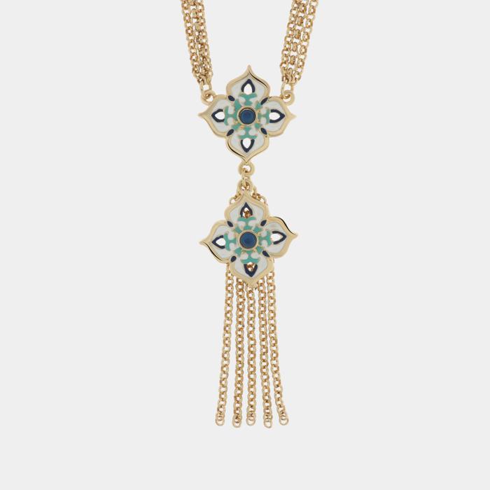 Collier en métal avec majolique colorée en forme de croix et franges pendantes