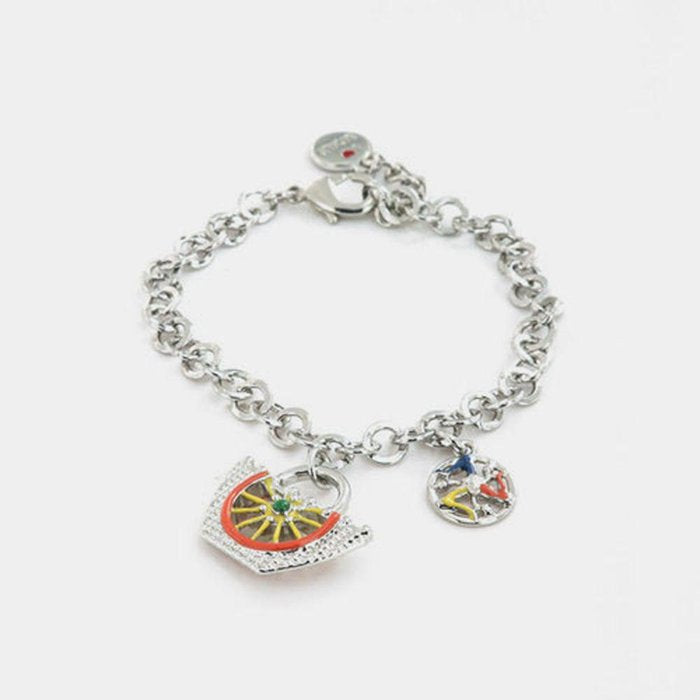 Metal bracelet with rolo mesh, with Sicilian basket embellished with a cart wheel design in colored enamels
