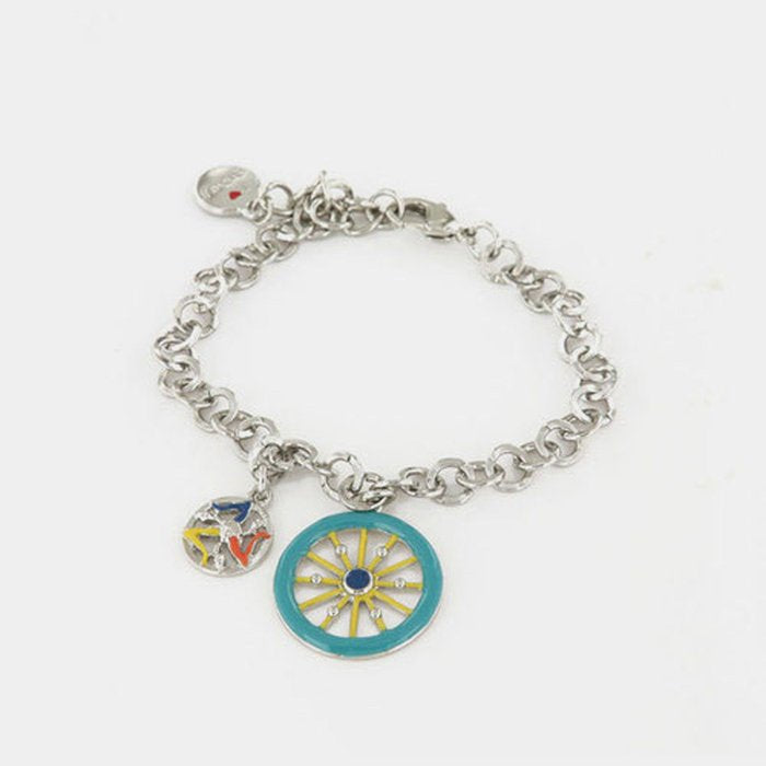 Metal bracelet with rolo mesh, with Sicilian cart wheel pendant embellished with colored enamels