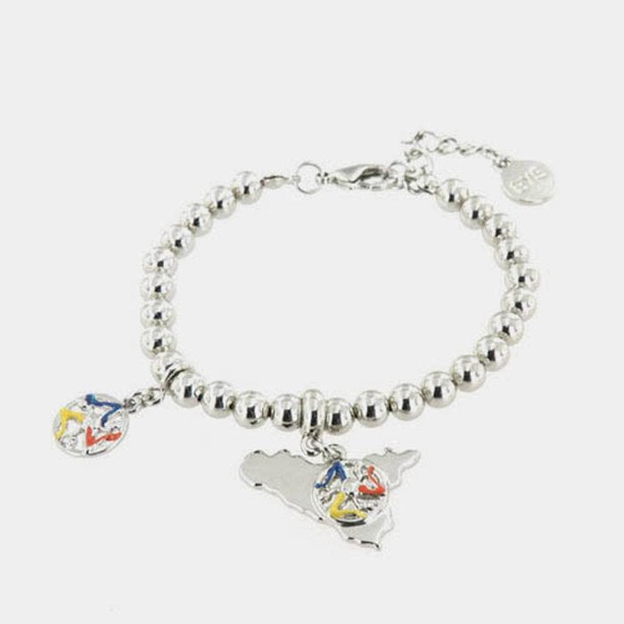 Metal bracelet with sphere mesh and pendant charms of the Sicily symbol with trinacria, embellished with colored enamels
