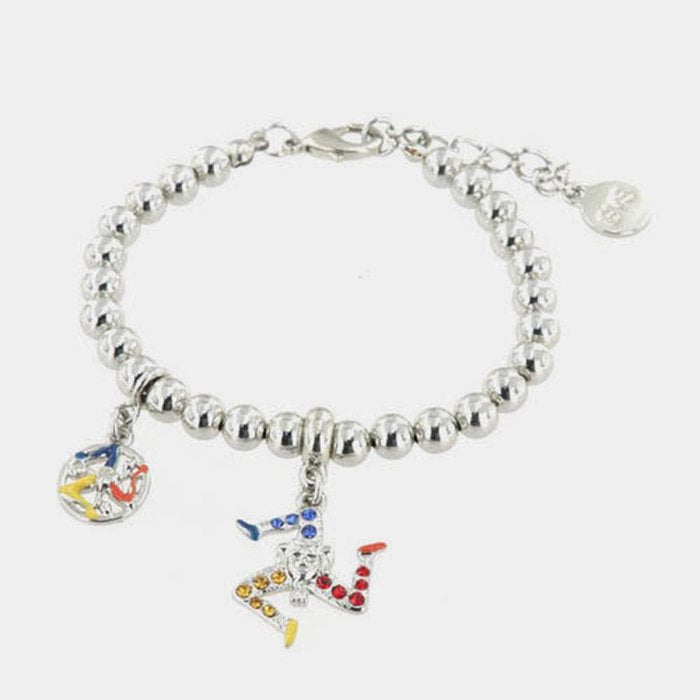Bracciale in Metallo maglia a sfere con trinacria pendente impreziosita da cristalli multicolore