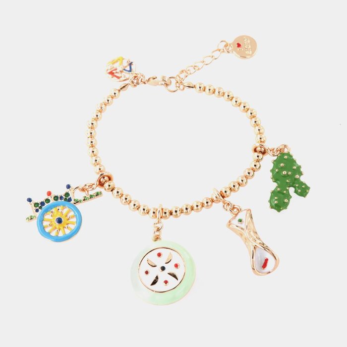 Metal Bracelet with Sicilian Charms, Cart, Prickly Pear, Cassata and Cannolo