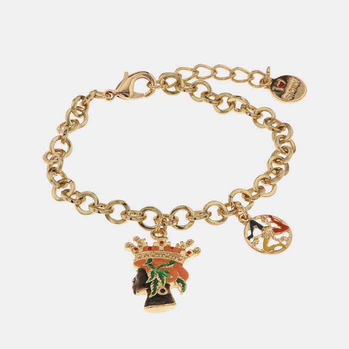 Bracelet en métal avec tête de femme maure et symbole Trinacria orné d'émaux colorés