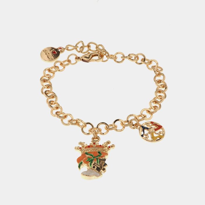 Bracelet en métal avec tête de Maure pour homme et symbole Trinacria orné d'émaux colorés