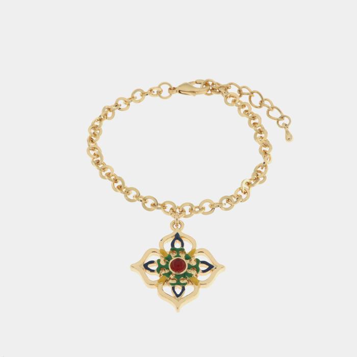 Metal bracelet with pendant cross embellished with majolica