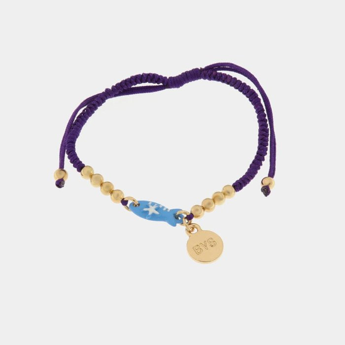 Bracelet en métal avec cordon violet et sphères de poisson bleues
