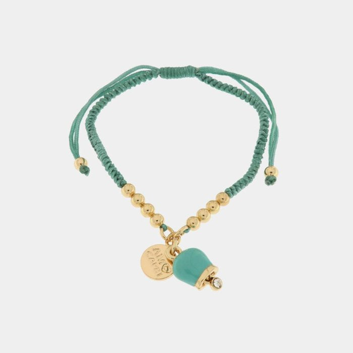 Bracelet en métal avec cordon turquoise et sphères avec clochette
