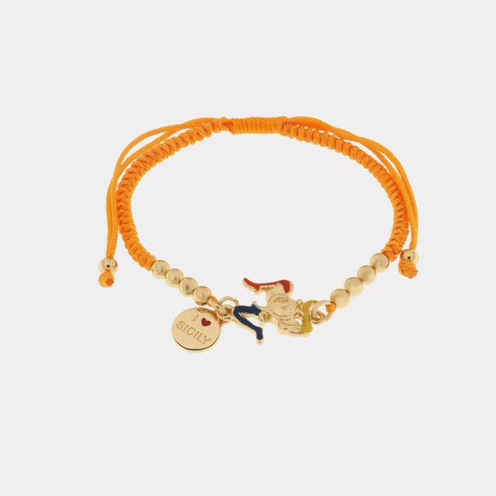 Bracciale in Metallo con cordino arancio di cotone e sfere con trinacria