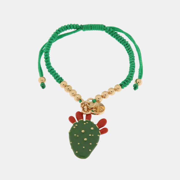 Metal Bracelet with Cactus and Green Cord