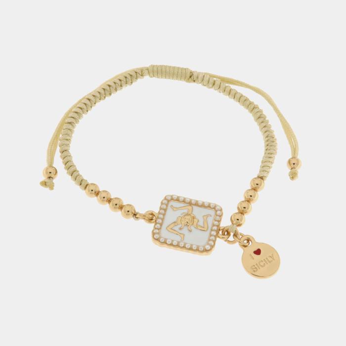Bracelet en métal avec Trinacria et cordon blanc