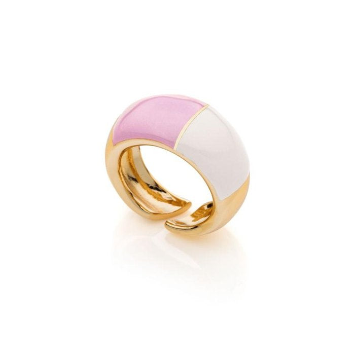 Anello in bronzo dorato con smalto rosa e bianco